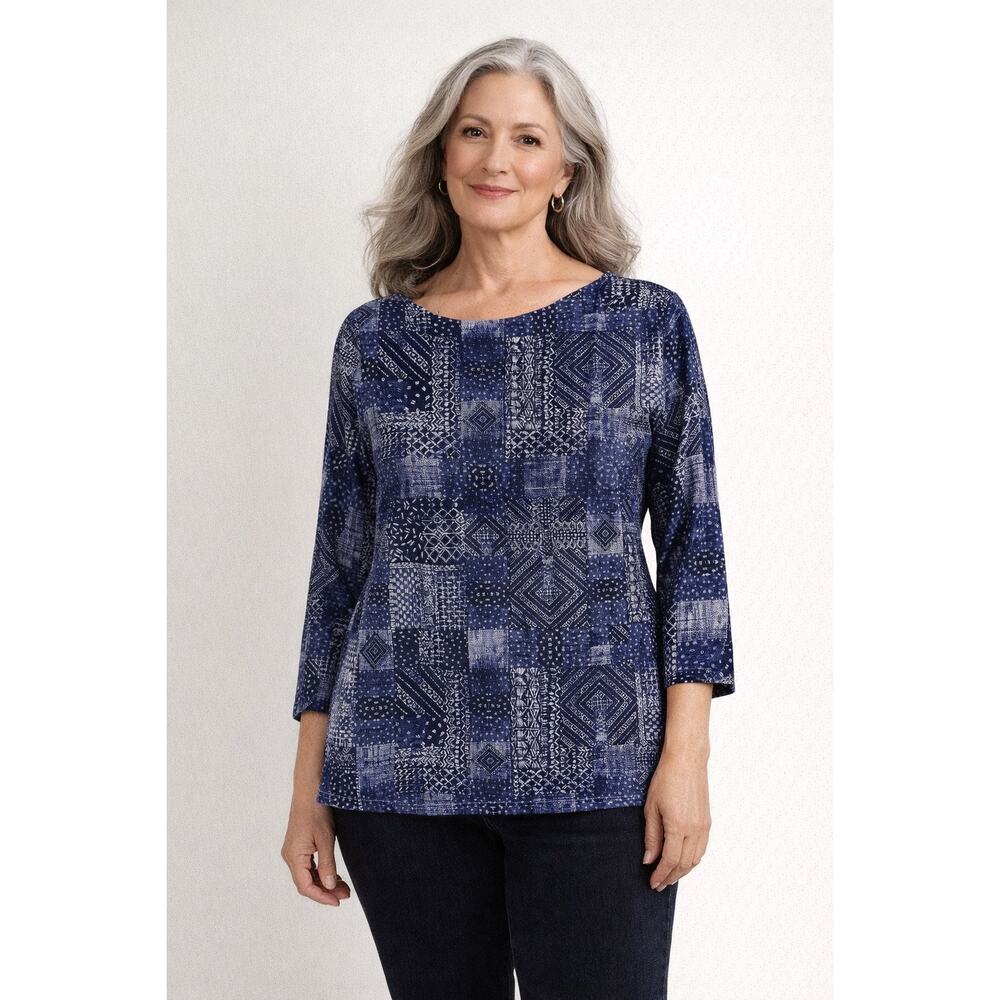 J‎ McLaughlin 3/4 Sleeve Catalina Cloth Blouse Blue Patchwork Boho Womens Medium